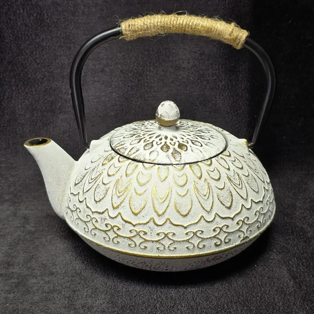 Vintage Colored Cast Iron Teapot Wicker Handle & Removable Infuser Tea Kettle